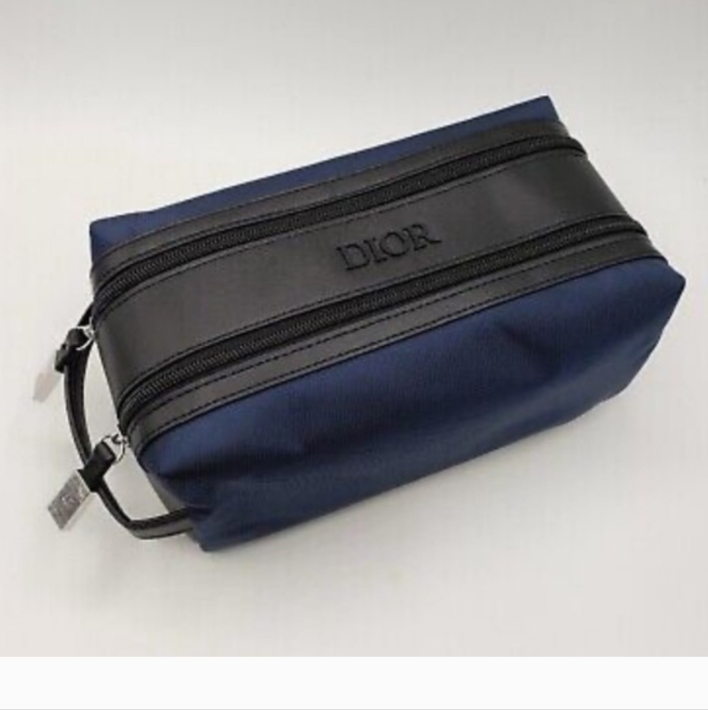Dior Navy Blue and Black Men's Toiletry Pouch Travel Bag Double Compartment New